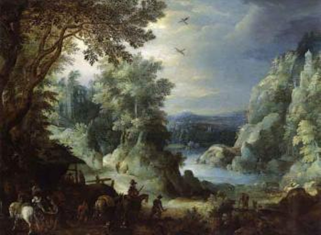 Wooded river landscape with horsemen, gypsy, horse carriage by Paul Bril