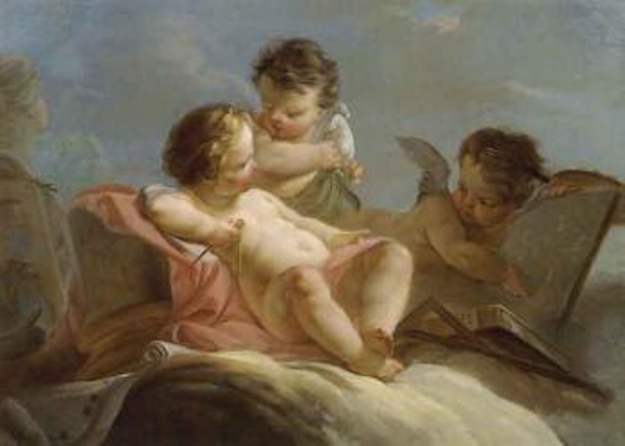 Three putti seated on clouds: allegory of music and poetry by Jean Baptiste Marie Pierre