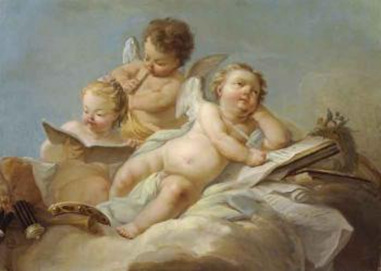 Three putti seated on clouds: allegory of architecture, sculpture and painting by Jean Baptiste Marie Pierre