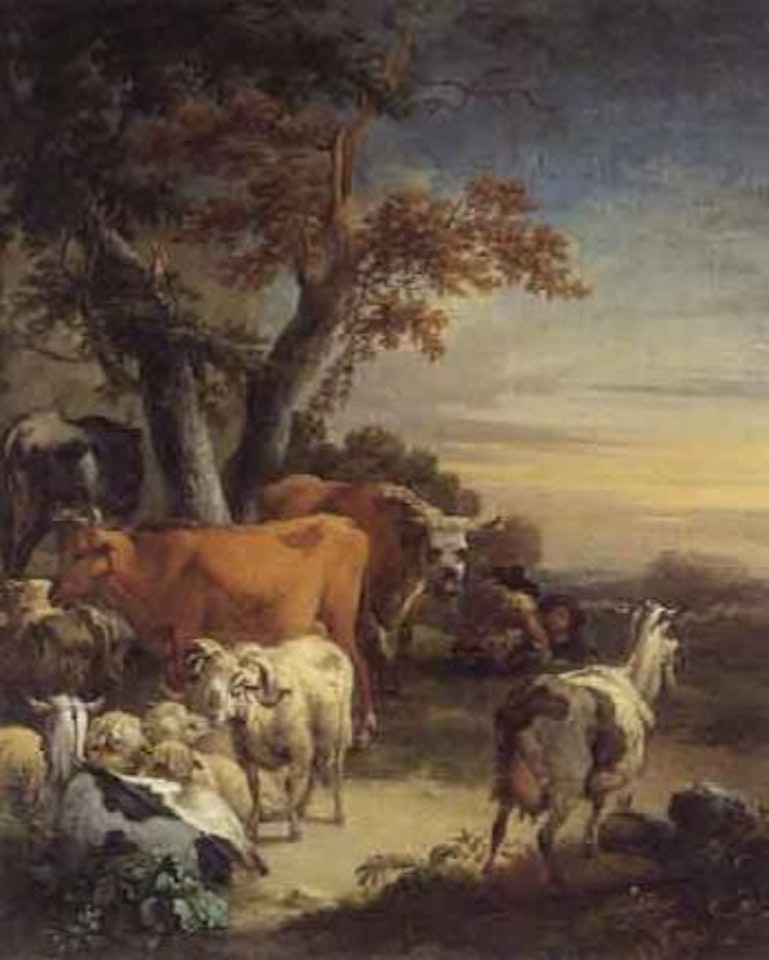 Shepherds and flock in southern landscape by Pieter Bout