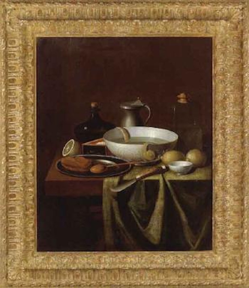 Still life with dishes, bottles and lemons by German School