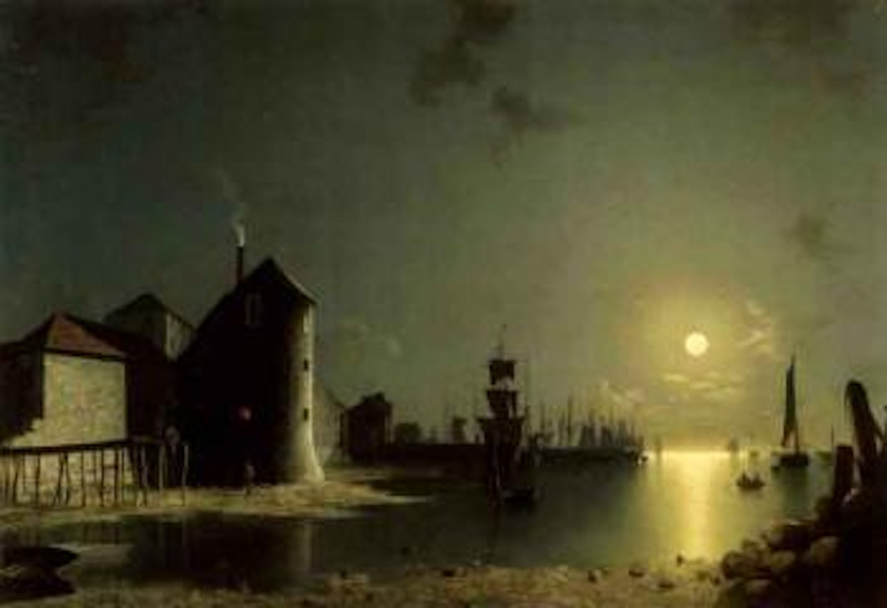 View of Southampton harbour by moonlight by Henry Pether