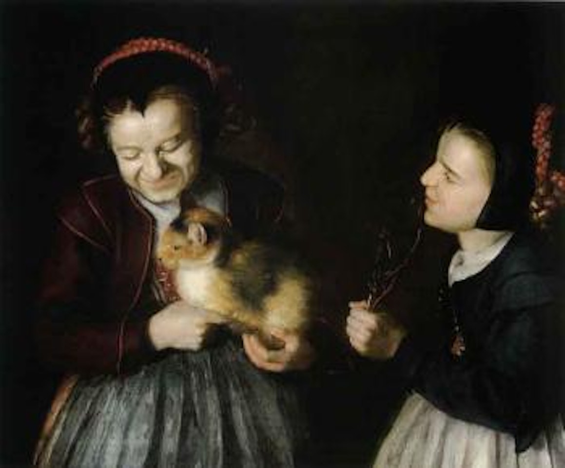Two girls playing with a cat by Jan Miense Molenaer