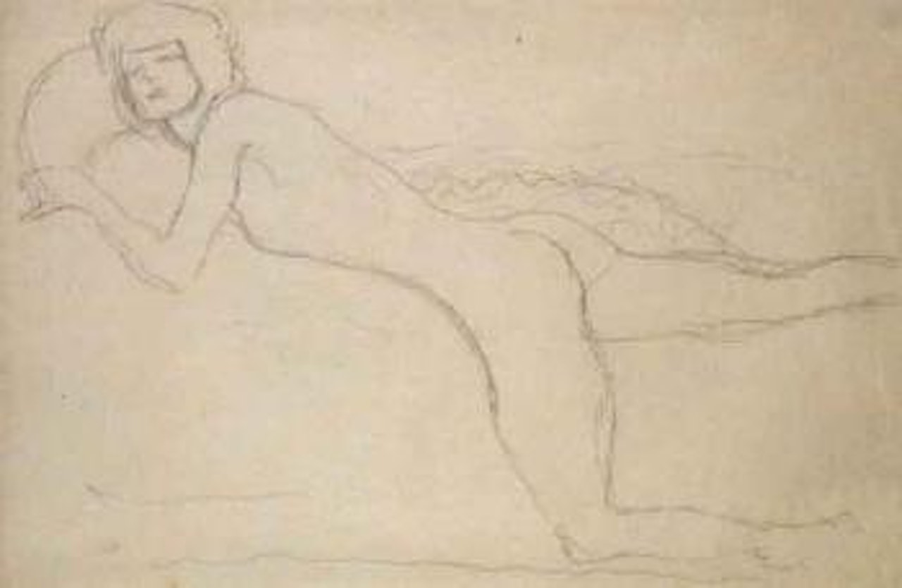 Reclining nude facing left on a bed by Gustav Klimt