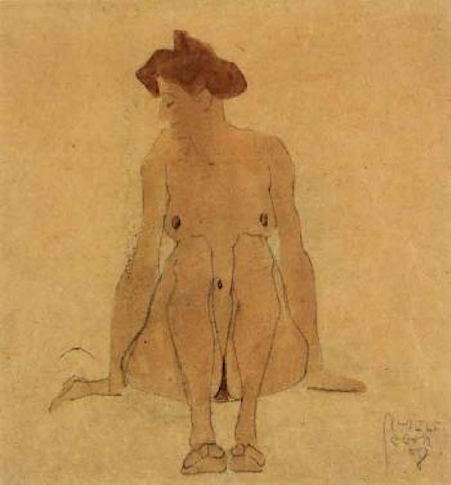 Female nude sitting by Egon Schiele