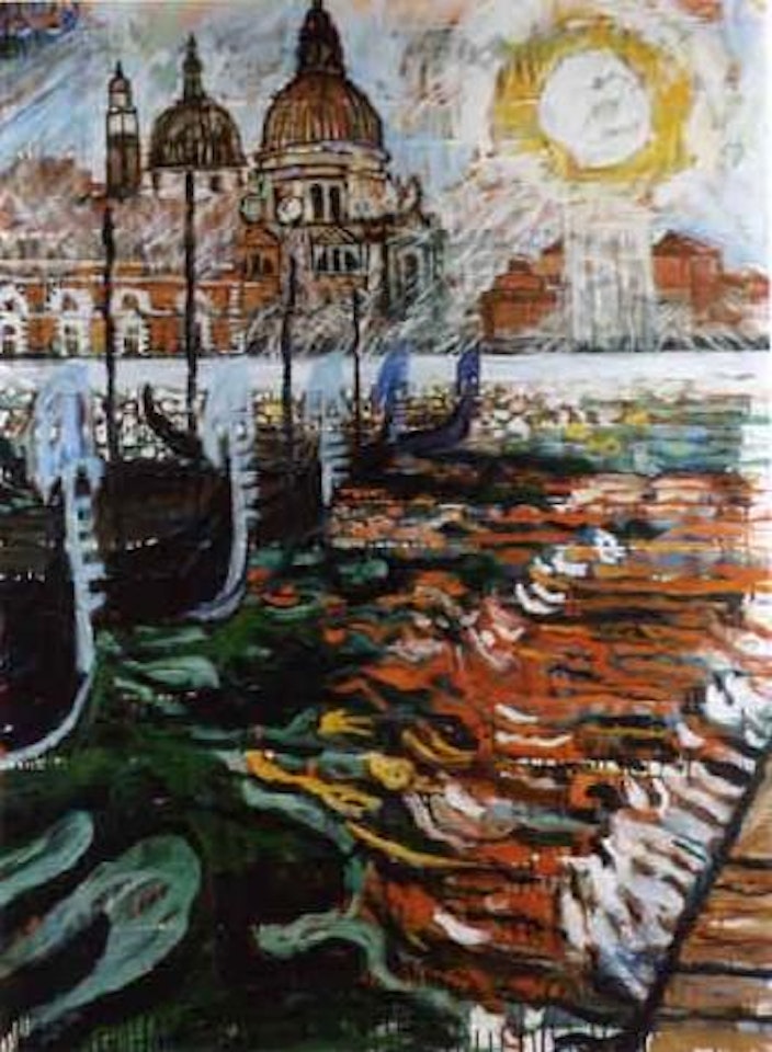 Sunburst over the salute Basilica and a row of gondolas by John Bratby