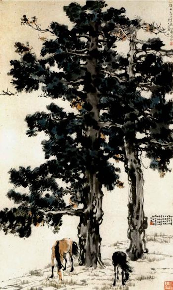 Two horses under pine trees by Xu Beihong