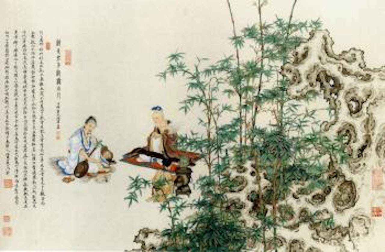 Bamboo, rock and figures by Ren Zhong