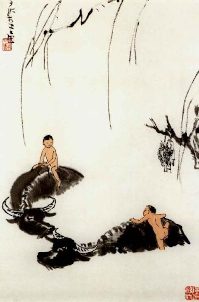 Swimming with buffaloes by Li Keran
