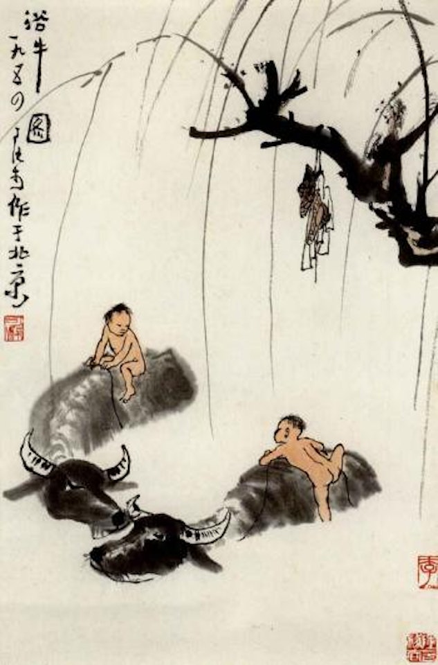 Swimming with buffaloes by Li Keran