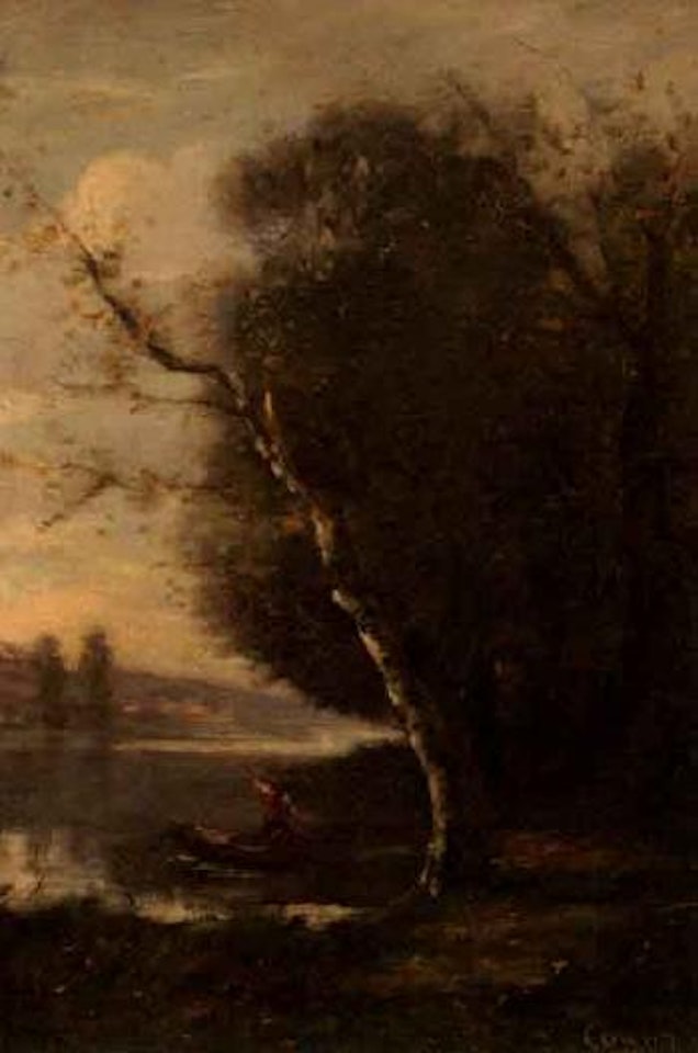 Lakeside Barbizon scene with boating figure by Jean Baptiste Camille Corot