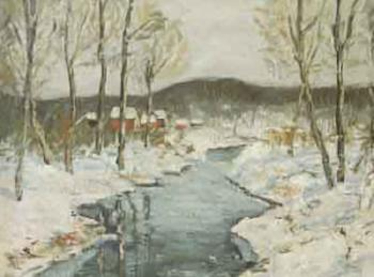 Winter landscape with brook and buildings by Walter Emerson Baum