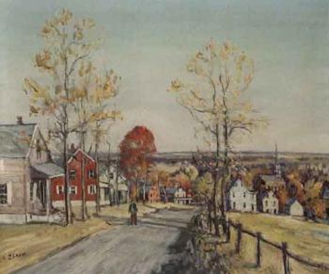 Village landscape with figure on road by Walter Emerson Baum