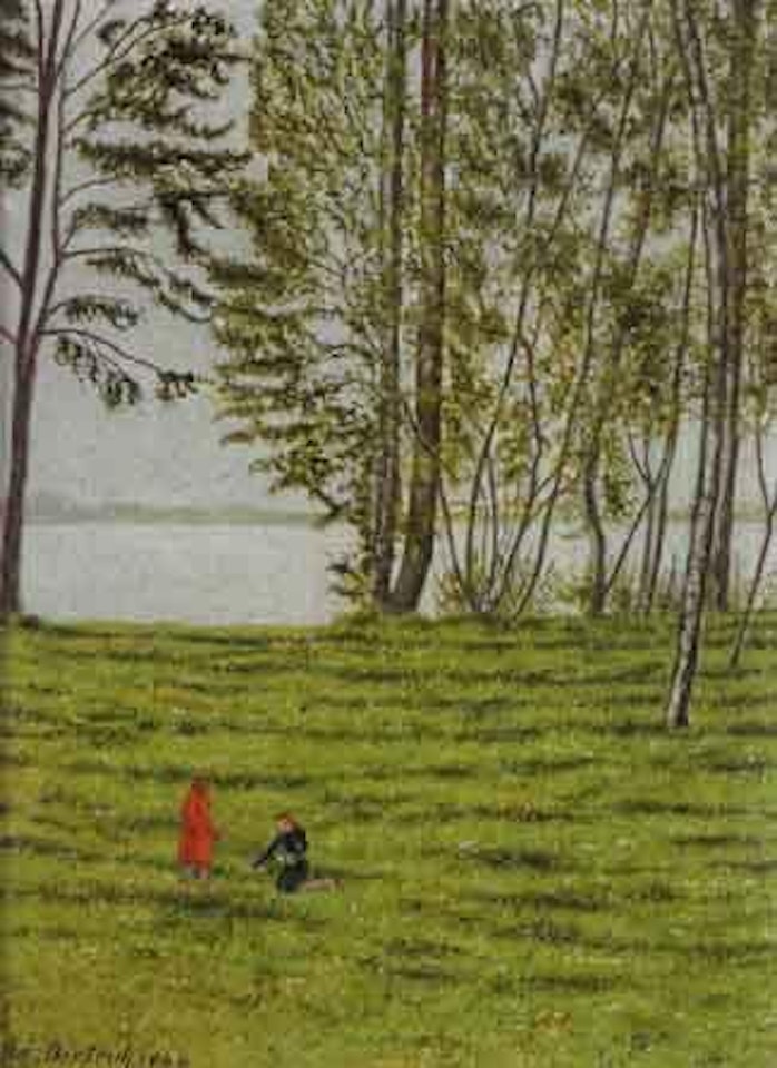 Meadow by Untersee with two girls playing by Adolf Dietrich
