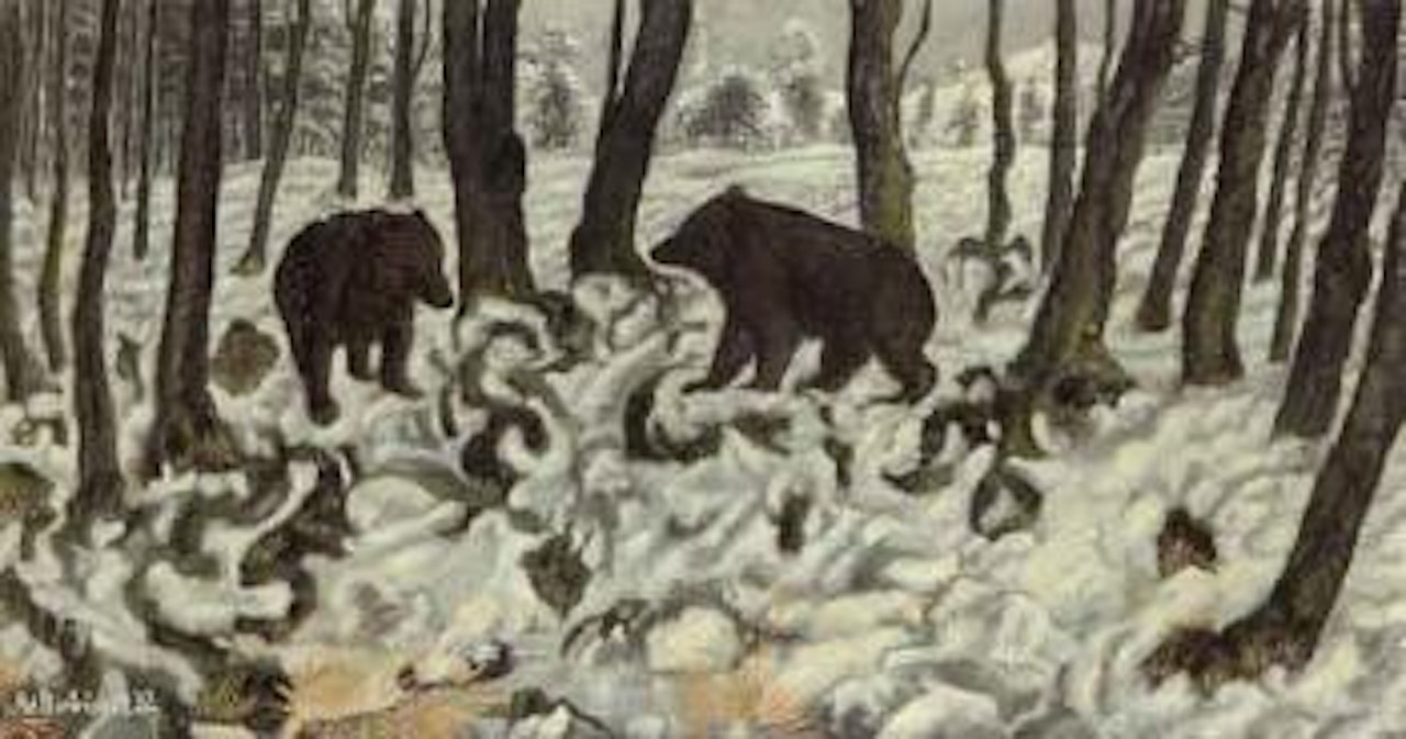 Two bears in winter wood by Adolf Dietrich