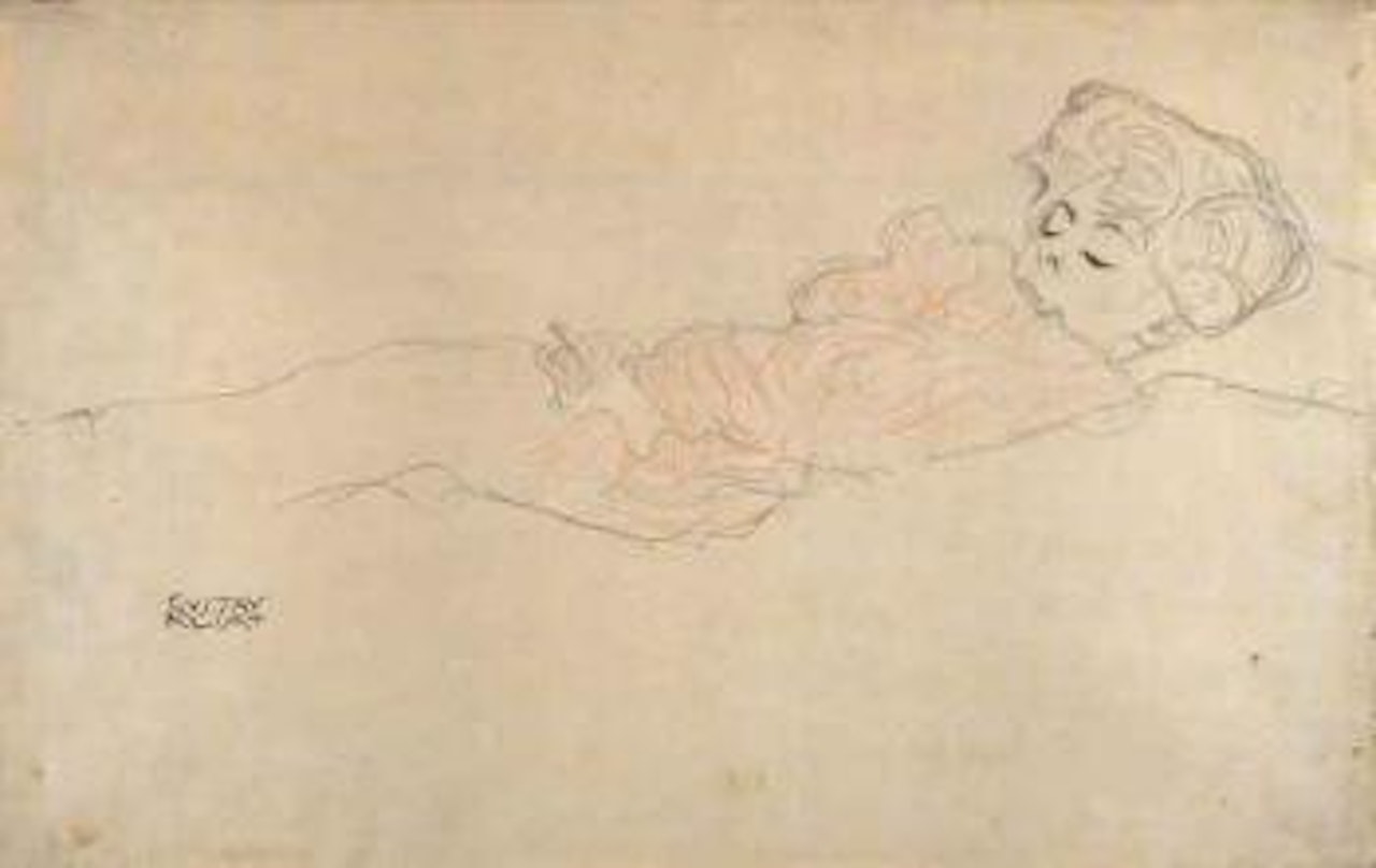 Reclining girl in ruched dress by Gustav Klimt