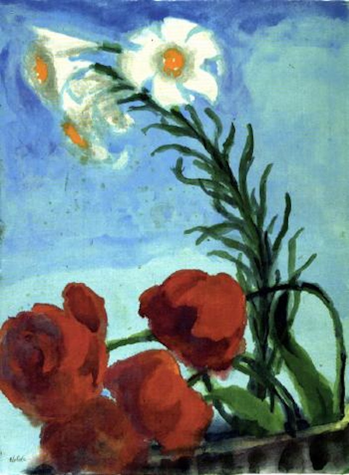 Poppies and white lilies on blue background by Emil Nolde