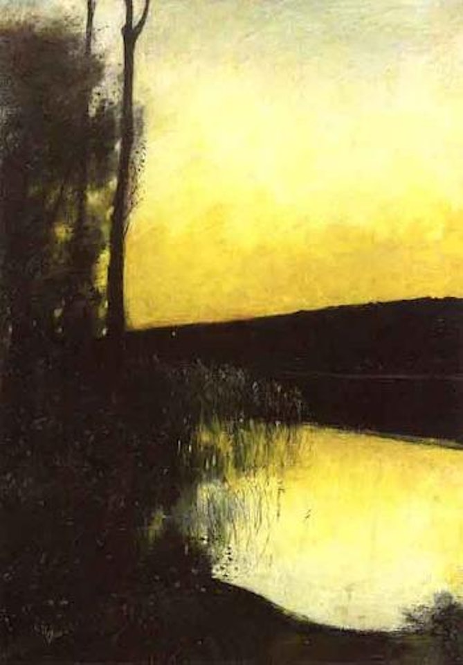 Autumn sky over pond by Lesser Ury