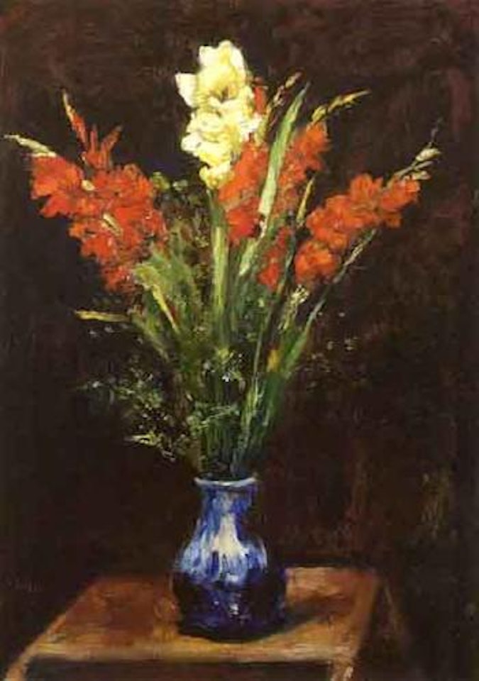 Gladioli in blue vase by Lesser Ury