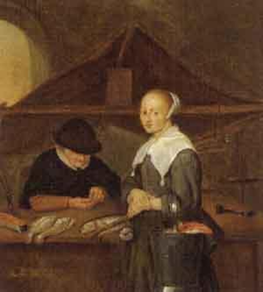Young woman buying fish by Quirijn Gerritsz van Brekelenkam