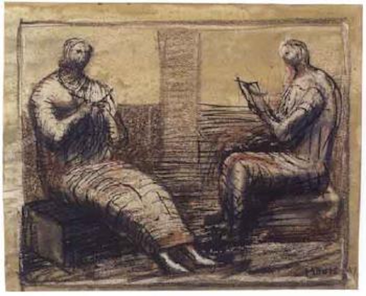 Two women, one reading, one knitting by Henry Moore
