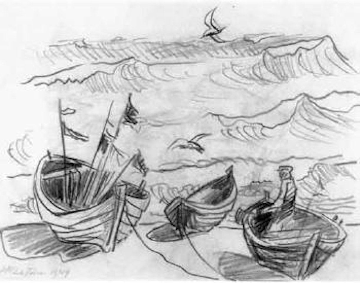 Fishing boats drawn up on the beach by Max Pechstein