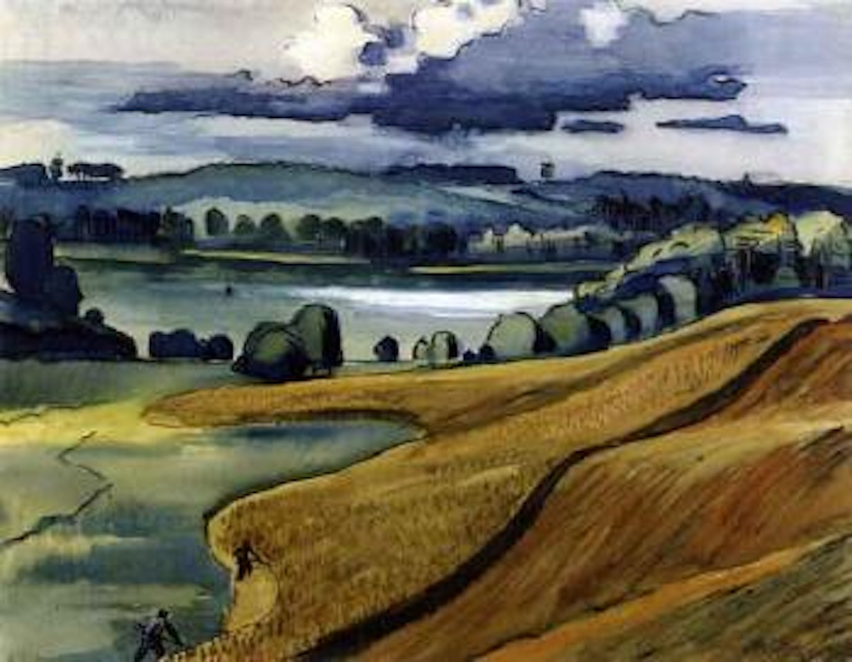 Summer landscape with figures harvesting in a field by Max Pechstein