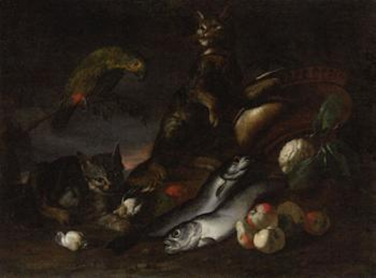 Parrot, two cats, dead fish, fruit and vegetables by an urn in a wooded clearing by Neapolitan School