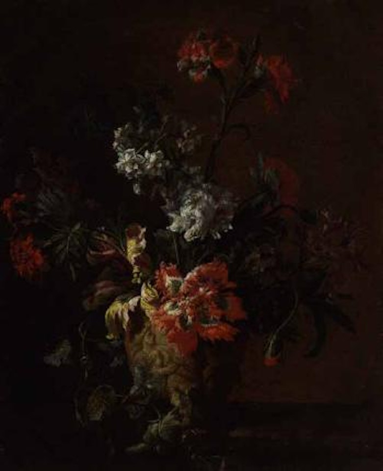 Carnations, parrot tulips and other flowers in a sculpted urn on a ledge by Jean Baptiste Monnoyer