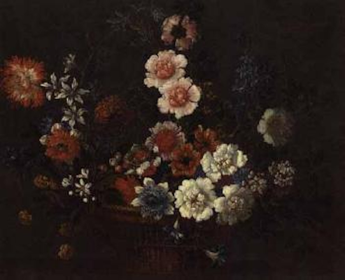 Flower in a wicker basket on a ledge by Jean Baptiste Monnoyer