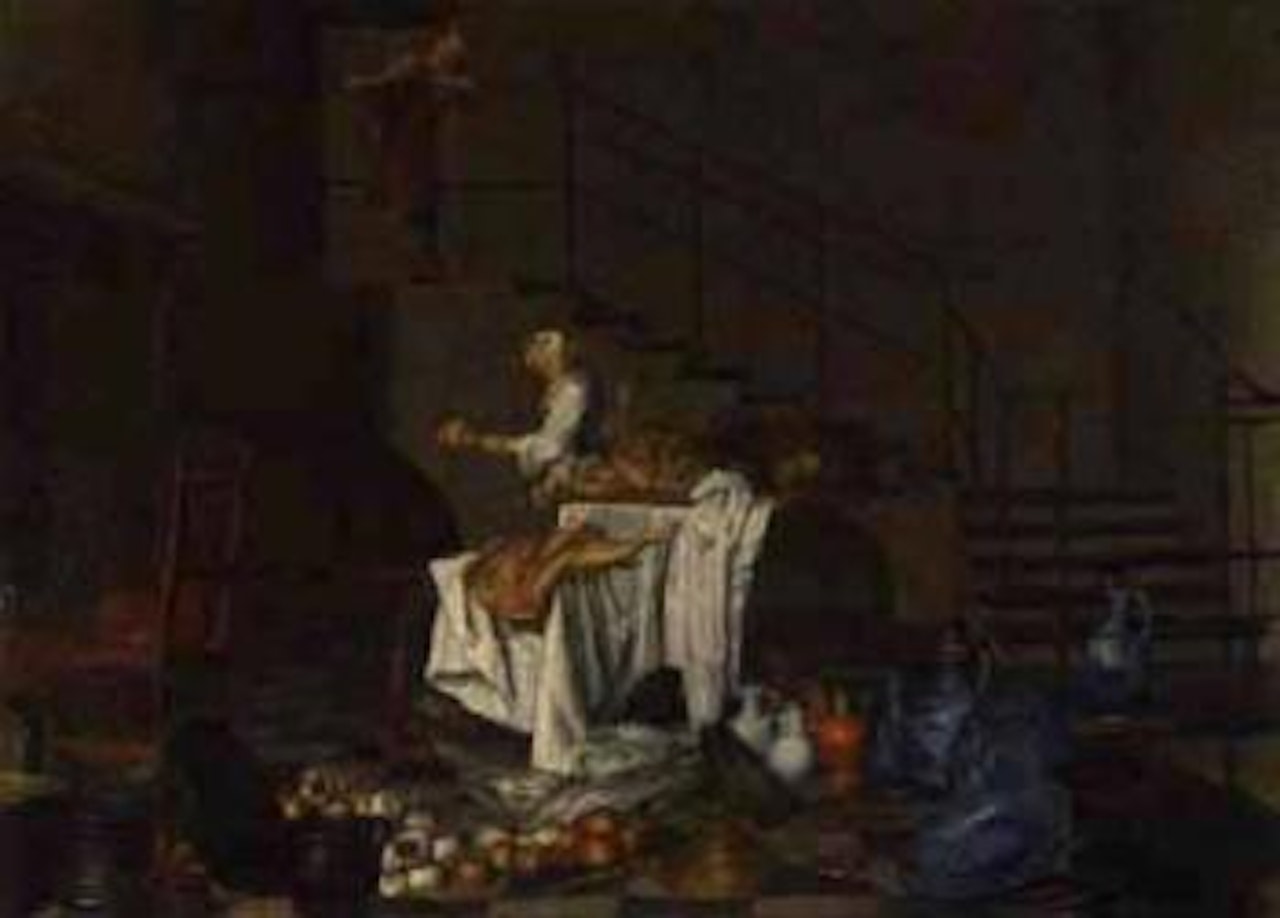 Kitchen maid and a servant in an interior by Dutch School