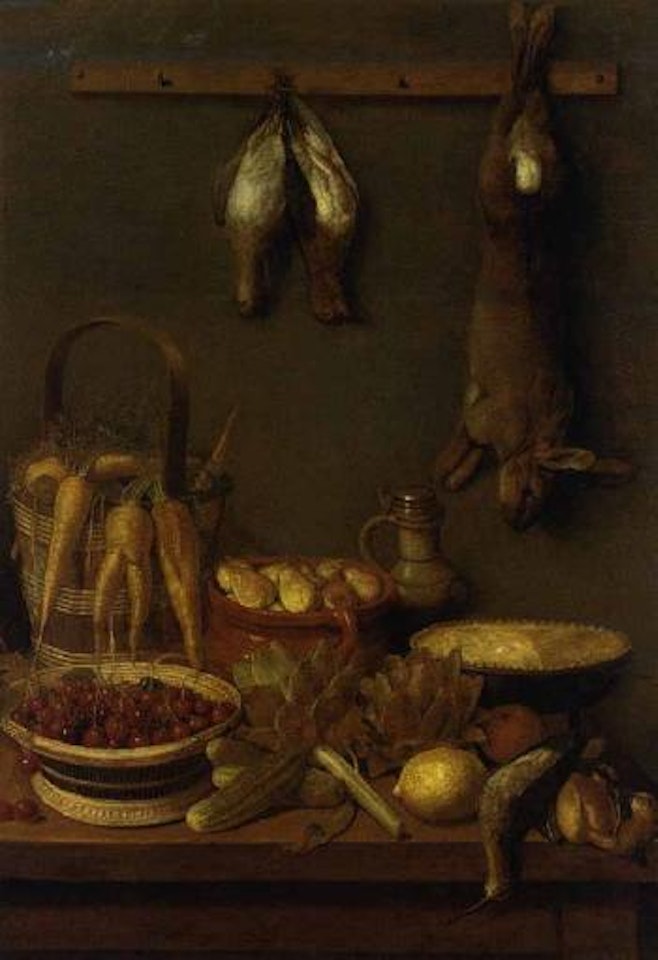 Wicker basket of cherries, other fruit and vegetables on a table, hanging game by Adriaen van Utrecht
