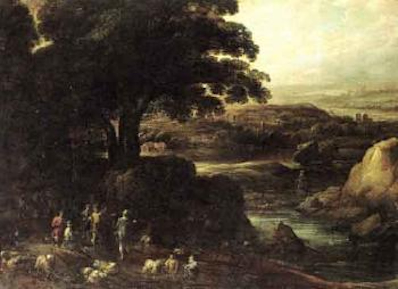 Extensive wooded river landscape with drovers and their animals by Flemish School
