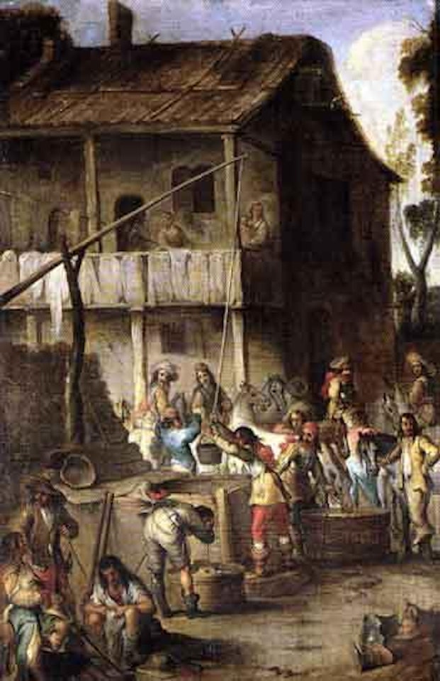 Soldiers before a tavern drawing water from a well and watering their horses by Cornelis de Wael