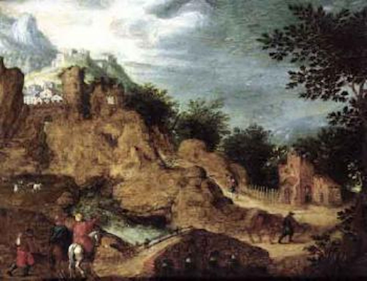 Mountainous landscape with figures in the foreground by Flemish School