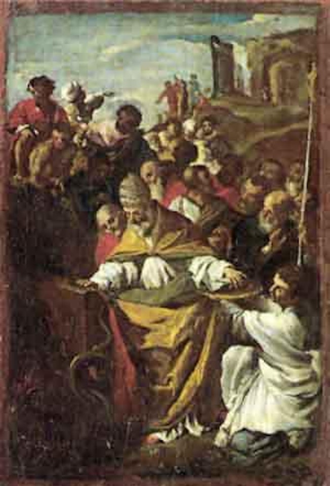 Pope defeating a serpent with the sacrament by Roman School