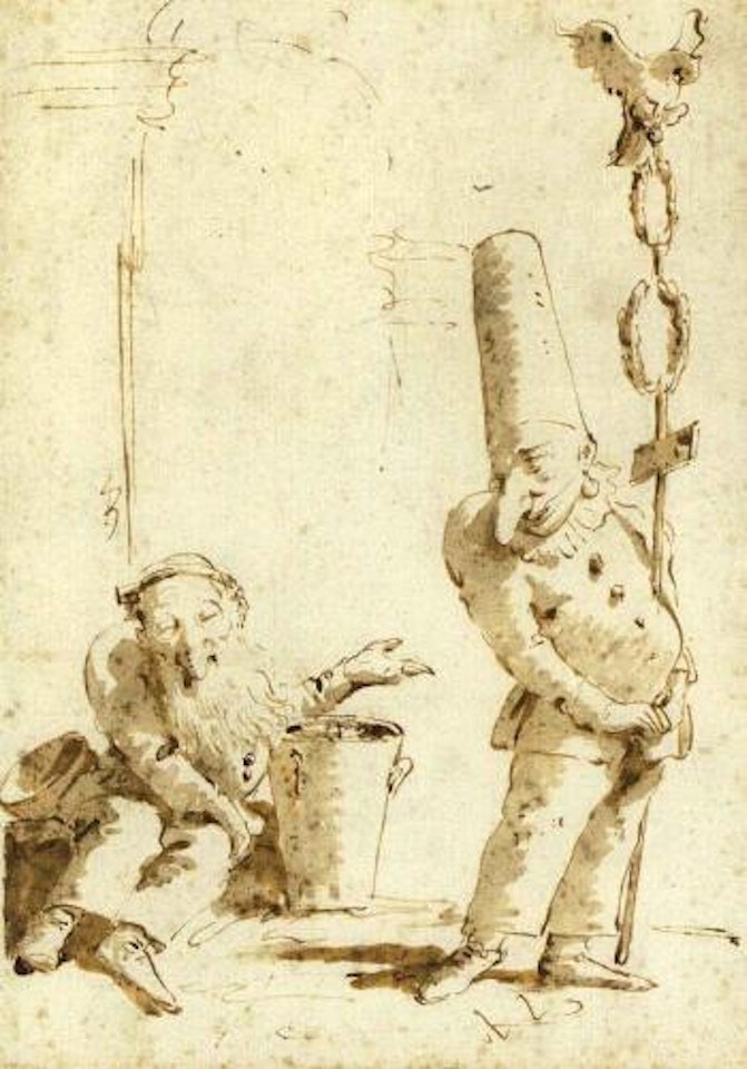 Punchinello as a Roman standard bearer recognising blind by Giovanni Battista Tiepolo