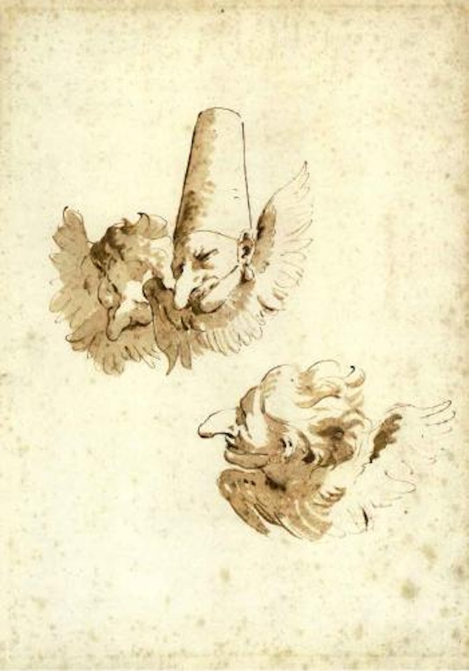 Three punchinelli as winged cherubs by Giovanni Battista Tiepolo