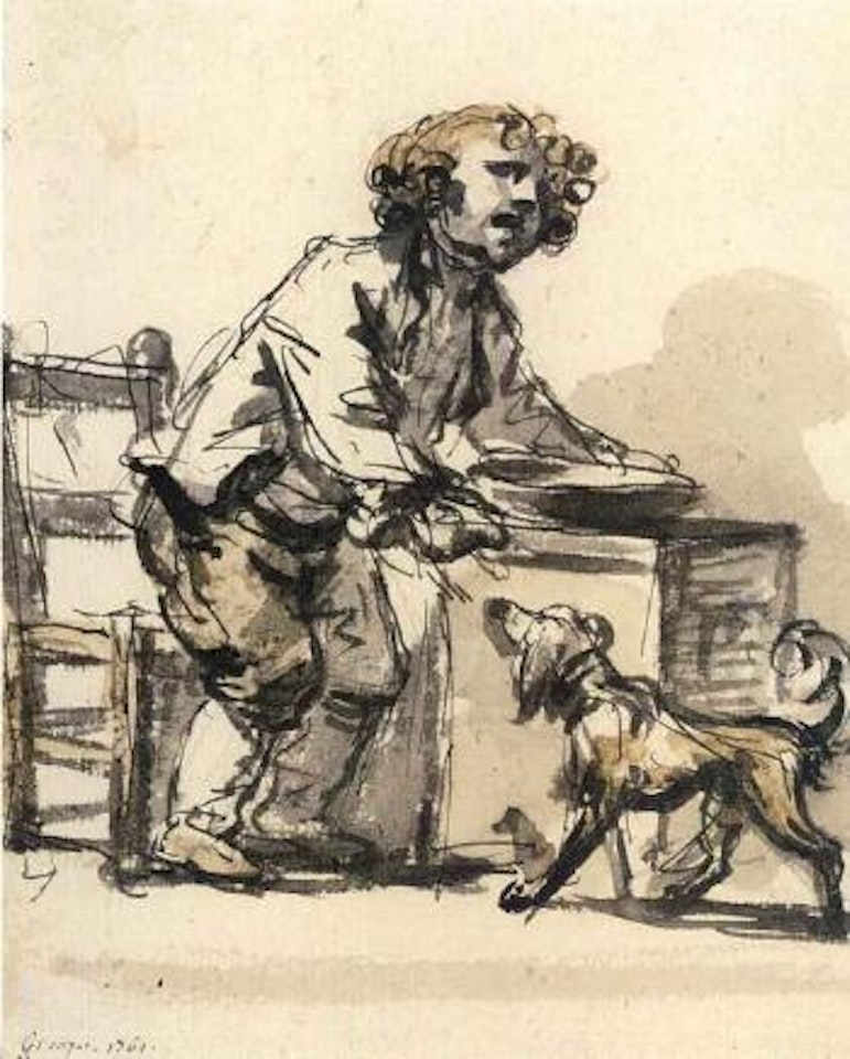 L'enfant gate, boy standing at a table feeding a dog with a Spoon by Jean-Baptiste Greuze