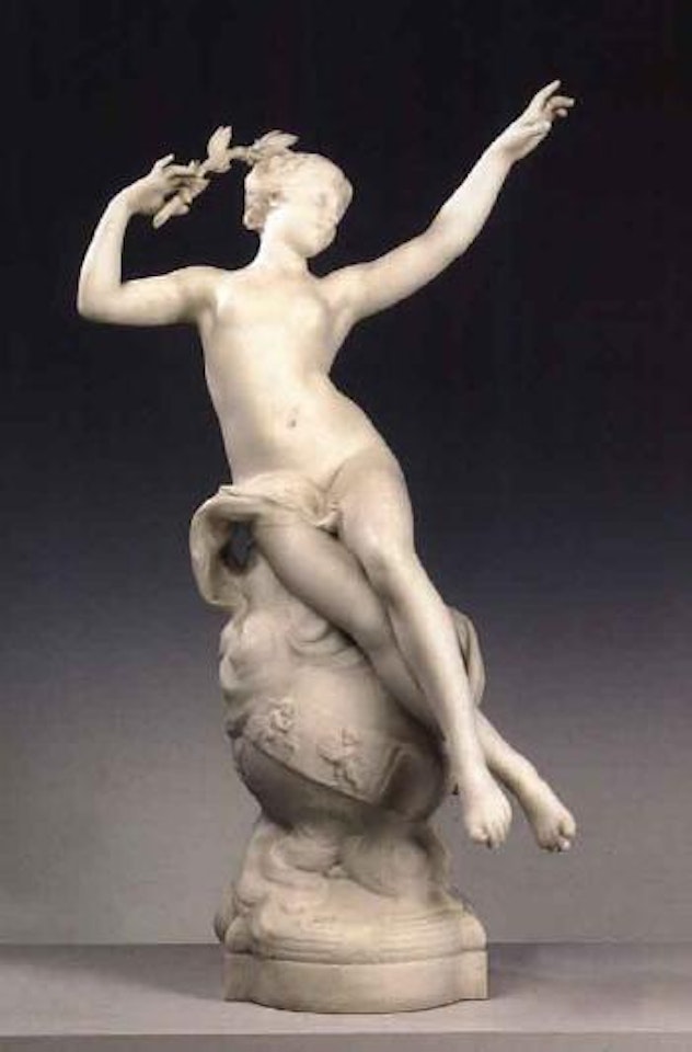 Jeune femme assise sur une sphere terrestre tenant une branche by French School