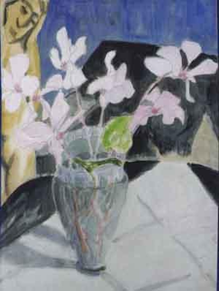 Lilies in a vase with watching figure by Erich Heckel