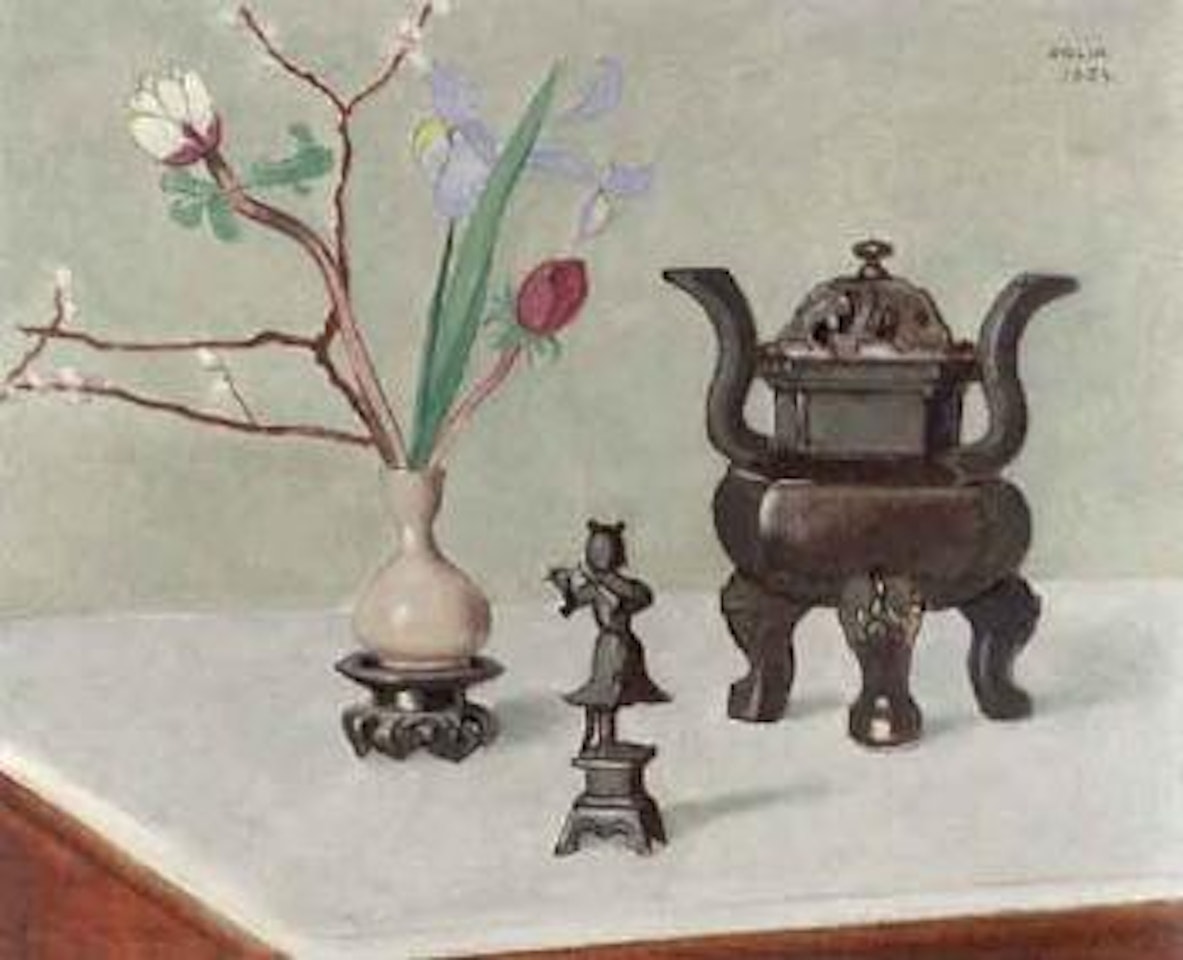 Still life of flowers, Oriental figure and incensory by Einar Jolin