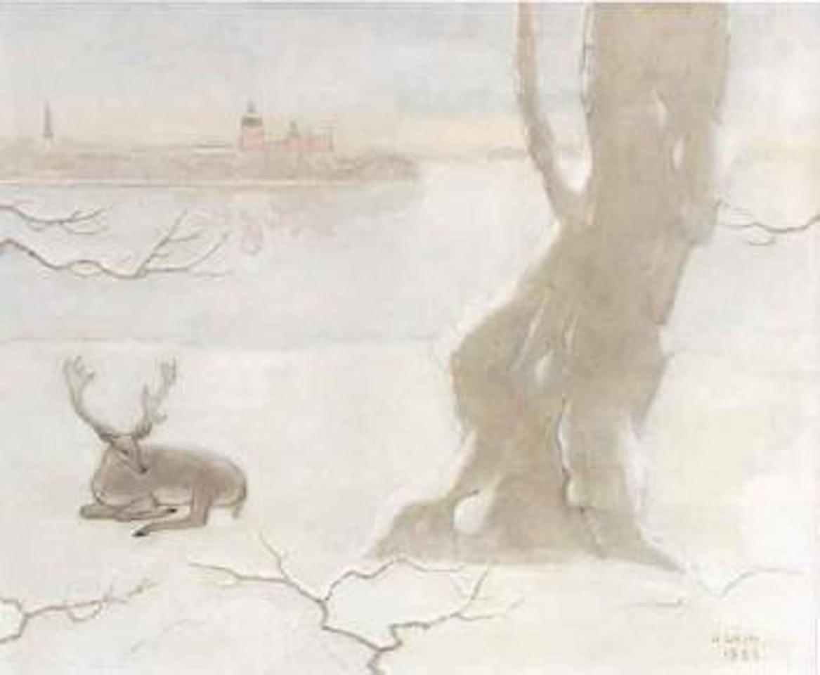 Stag resting with Gripsholm Palace in background by Einar Jolin