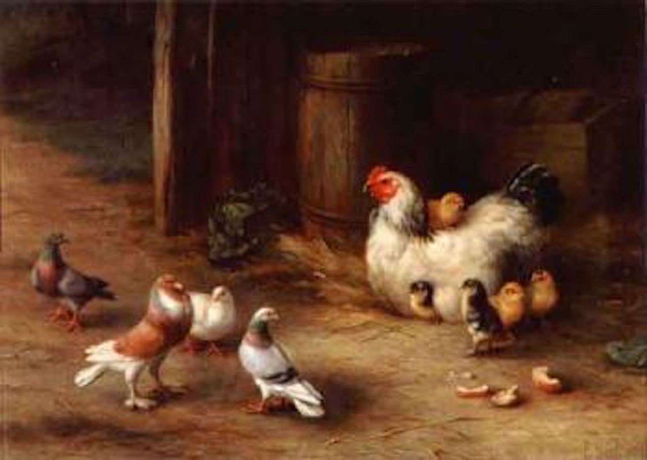 Mother hen, chicks and doves in a stable doorway by Edgar Hunt