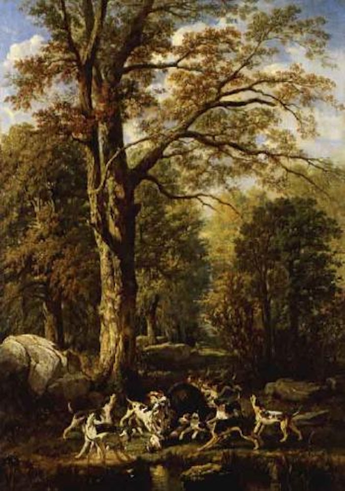 Hunting dogs attacking a wild boar by Alfred de Dreux