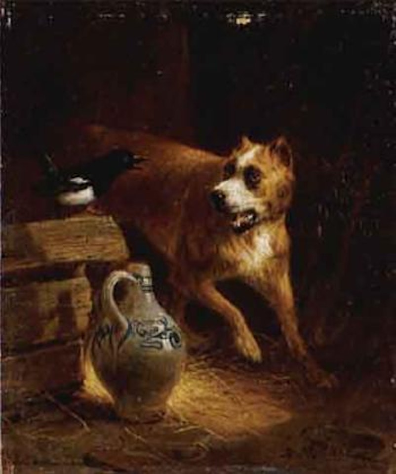 Dog and a magpie in a stable by Henriette Ronner-Knip