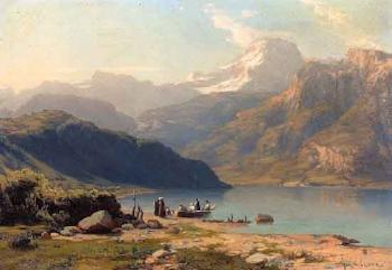 Alpine landscape with a lake and a boat by Alexandre Calame