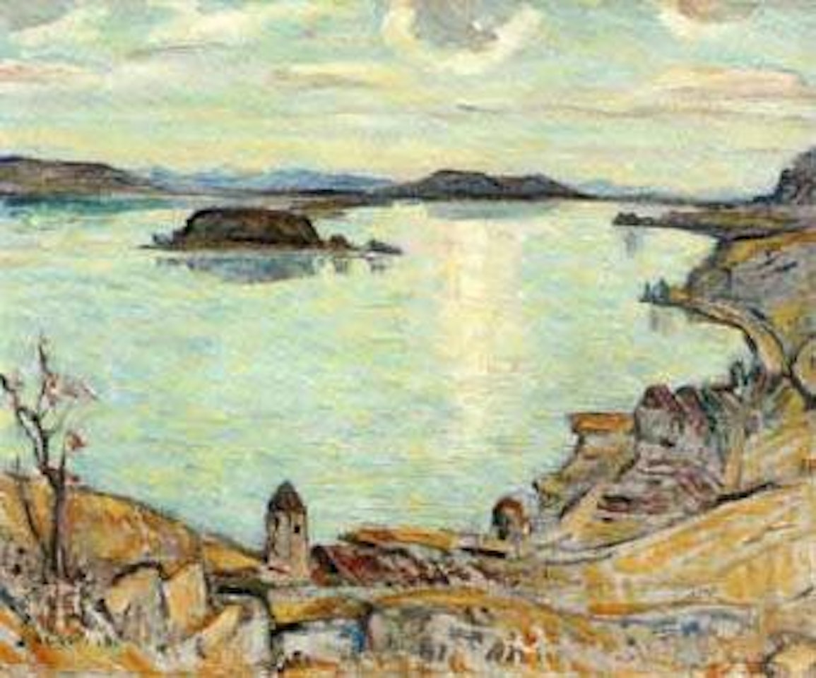 View of Twann, Bielersee with St. Petersinsel by Ernst Geiger