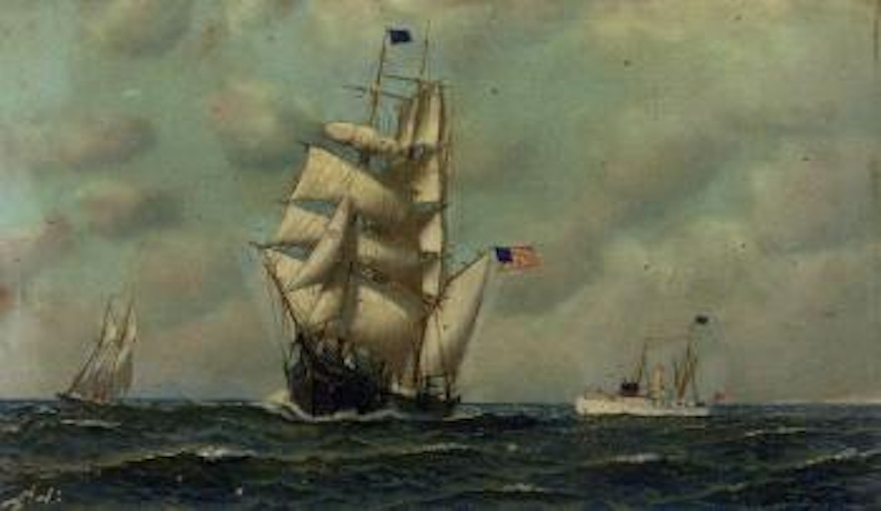 The bark Onaway with a pilot boat and a fishing schooner by Antonio Jacobsen
