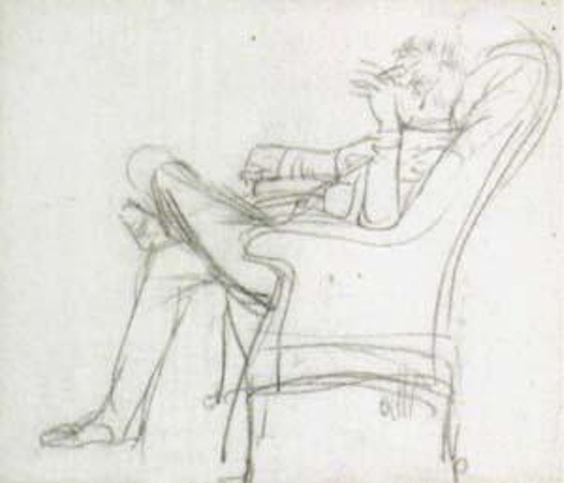 Man smoking in a chair and playing cards. Sketches of a man in uniform by Adolph Menzel